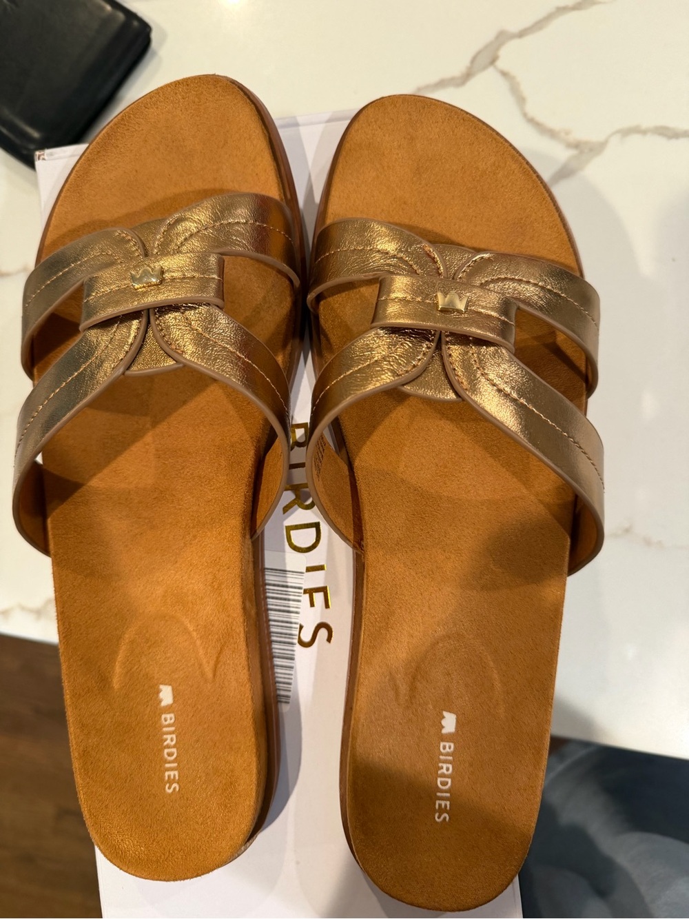 Birdies Gold Leather Slide Sandals